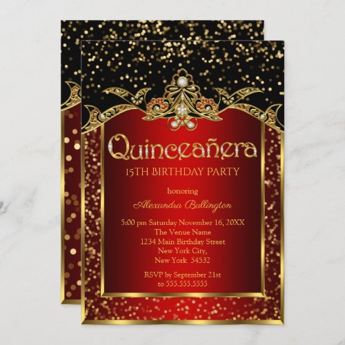 Quinceanera Red Gold Black Birthday Party Invitation