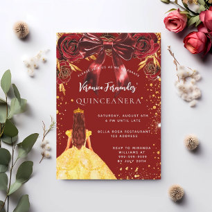Quinceanera red gold dress bow florals invitation