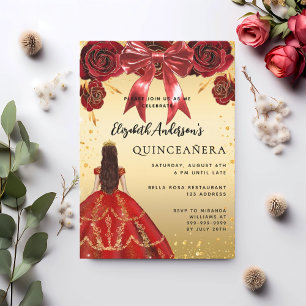 Quinceanera red gold dress bow florals invitation