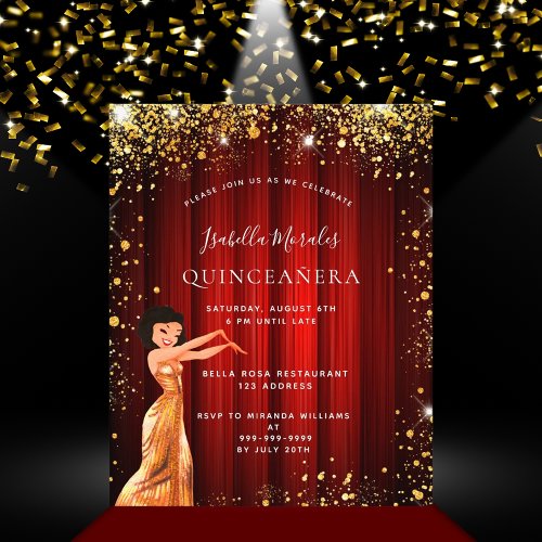 Quinceanera red gold dress budget invitation flyer