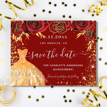 Quinceanera Red Gold Dress Budget Save The Date Flyer by Thunes at Zazzle