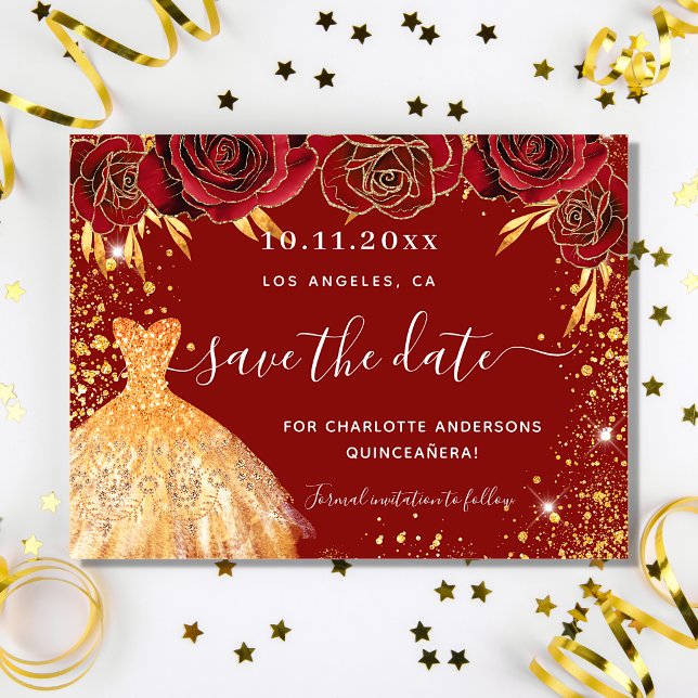 Quinceanera red gold dress budget save the date flyer
