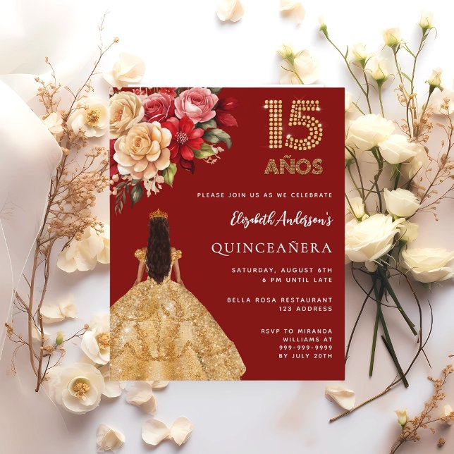 Quinceanera red gold dress floral roses invitation (Creator Uploaded)