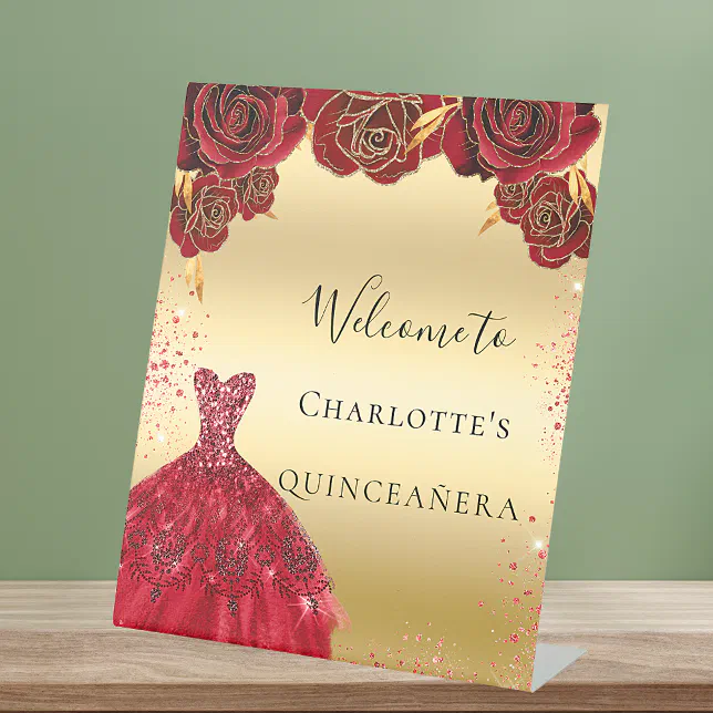Quinceanera red gold dress floral welcome pedestal sign | Zazzle