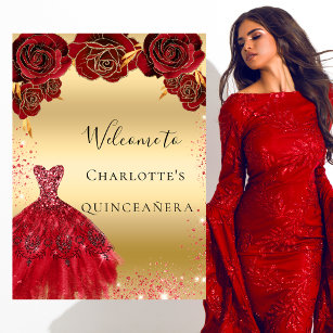 Quinceanera red gold dress floral welcome poster