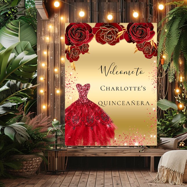 Quinceanera red gold dress floral welcome poster (Creator Uploaded)