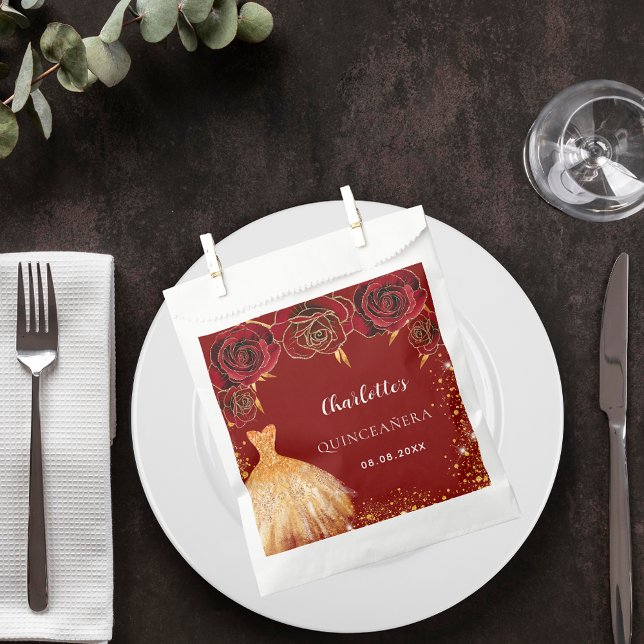 Quinceanera red gold dress flowers favor bag (Creator Uploaded)