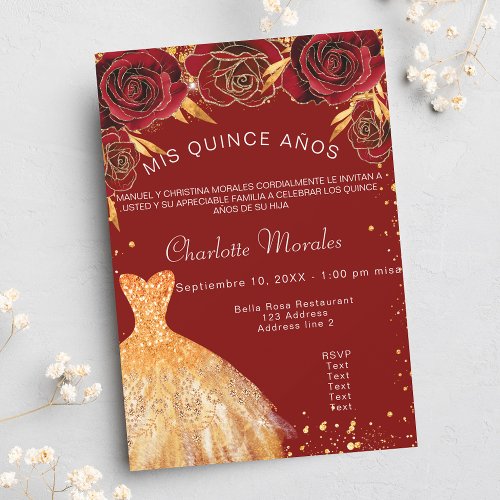 Quinceanera red gold dress flowers invitation postcard