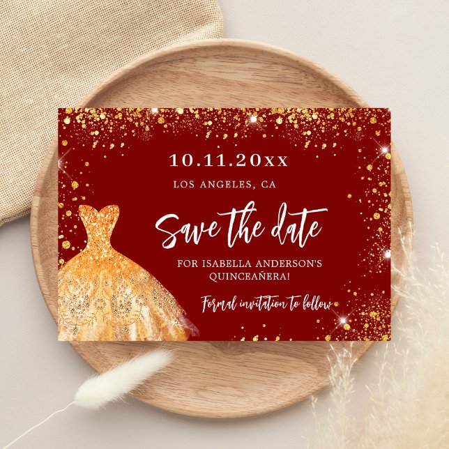Quinceanera red gold dress glitter party save the date (Creator Uploaded)