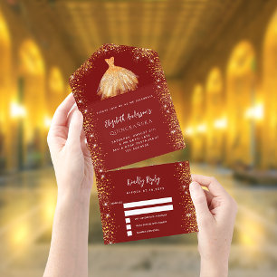 Quinceanera red gold dress glitter RSVP All In One Invitation