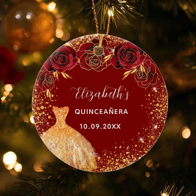 Quinceanera red gold dress name glam ceramic ornament (Creator Uploaded)