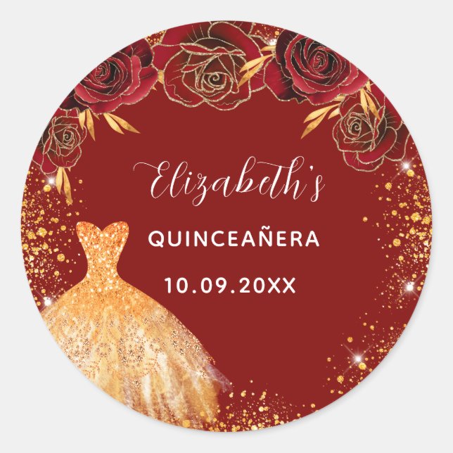 Quinceanera red gold dress name glam classic round sticker (Front)