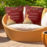 Quinceanera red gold dress name glam throw pillow<br><div class="desc">For an elegant Quinceañera,  15th birthday.  A red background color. Decorated with faux gold glitter,  roses and a golden dress. Personalize and add a name and  date.</div>