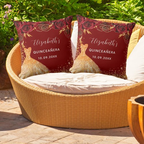 Quinceanera red gold dress name glam throw pillow