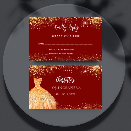 Quinceanera red gold dress response RSVP card