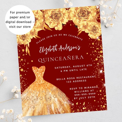 Quinceanera red gold dress rose budget invitation