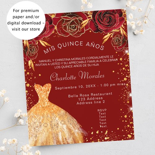 Quinceanera red gold dress roses budget invitation