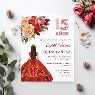 Quinceanera red gold dress roses invitation