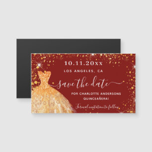 Quinceanera red gold dress save the date magnet