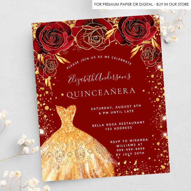 Quinceanera red gold dress social media budget flyer (Creator Uploaded)