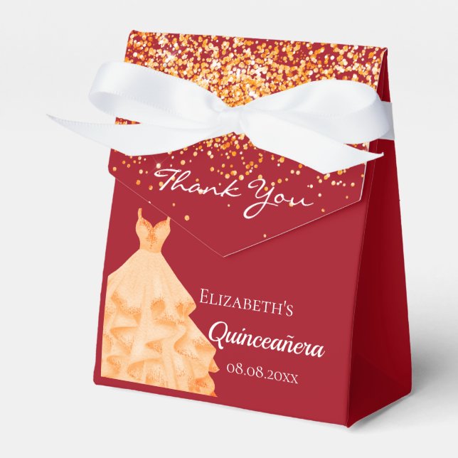 Quinceanera red gold dress thank you favor boxes (Front Side)