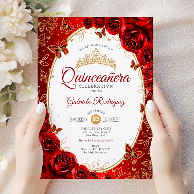 Quinceanera Red Gold Elegant Chic Invitation (Creator Uploaded)