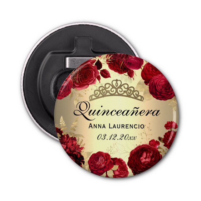 Quinceanera Red Gold Floral Roses Tiara Custom Bottle Opener (Front)
