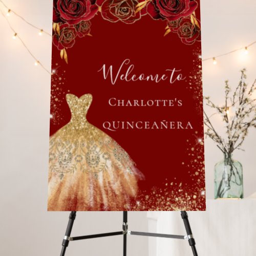 Quinceanera red gold florals dress party welcome foam board