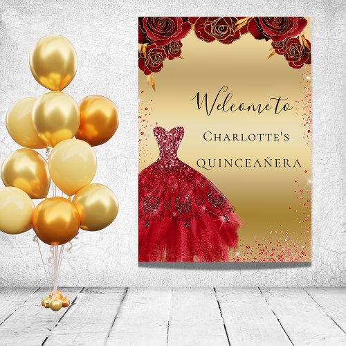 Quinceanera red gold florals dress party welcome foam board