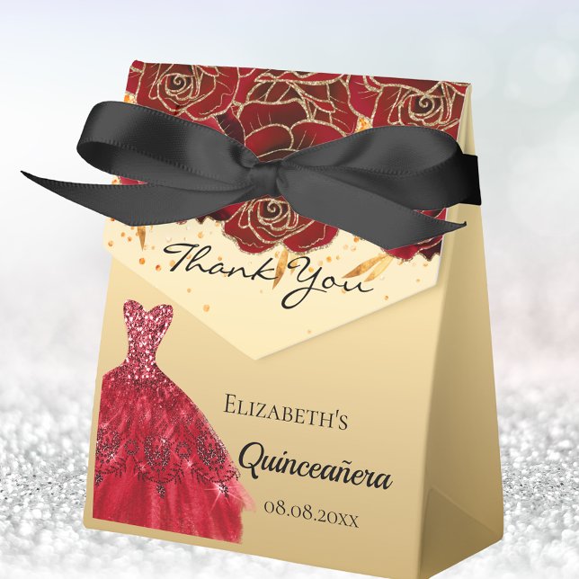 Quinceanera red gold florals dress thank you favor boxes (Creator Uploaded)