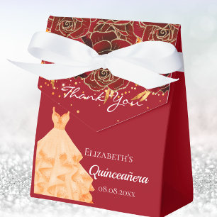 Quinceanera red gold florals dress thank you favor boxes