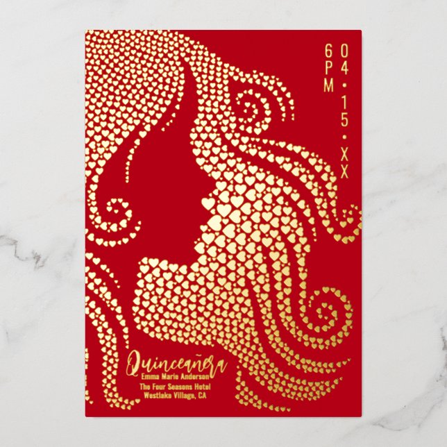Quinceañera  Red Gold Girl Silhouette Gold Hearts Foil Holiday Card (Front)