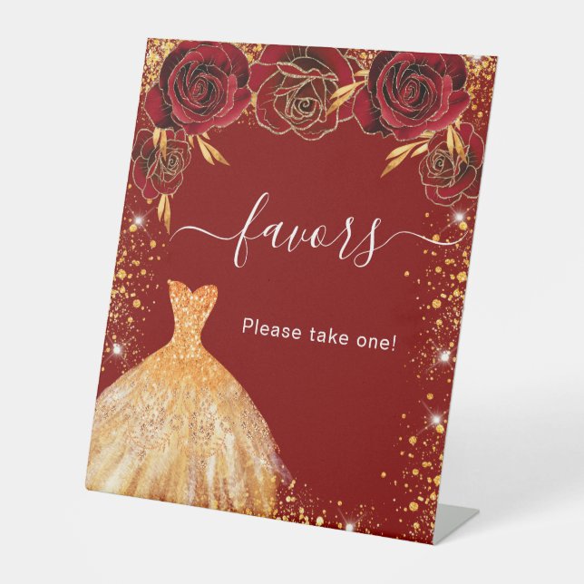 Quinceanera red gold glitter dress floral favors pedestal sign (Front)
