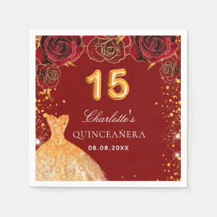 Quinceanera red gold glitter dress floral napkins