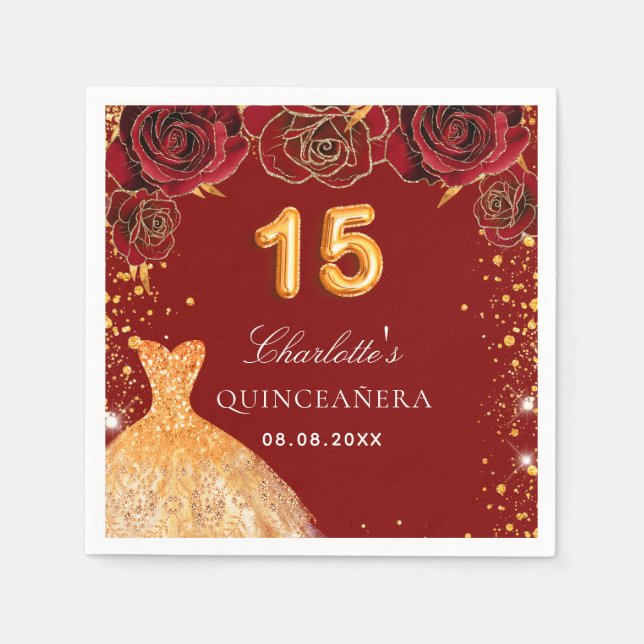 Quinceanera red gold glitter dress floral napkins (Front)