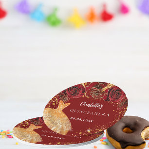 Quinceanera red gold glitter dress floral paper plates
