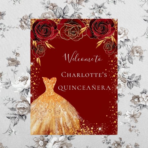Quinceanera red gold glitter dress floral welcome poster