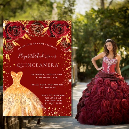 Quinceanera red gold glitter dress florals invitation