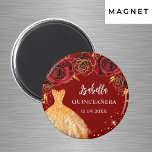 Quinceanera red gold glitter dress name magnet<br><div class="desc">For a Quinceañera,  15th birthday party.  A red background with faux gold glitter,  a dress and red roses,  florals.  The name is written with a modern hand lettered style script.  Personalize and add a name and date.</div>