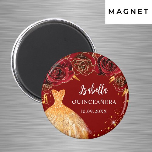 Quinceanera red gold glitter dress name magnet