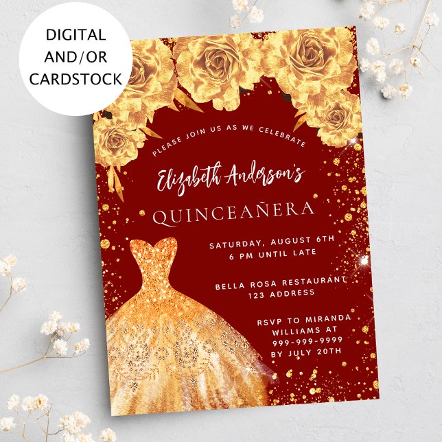 Quinceanera red gold glitter dress roses invitation (Creator Uploaded)