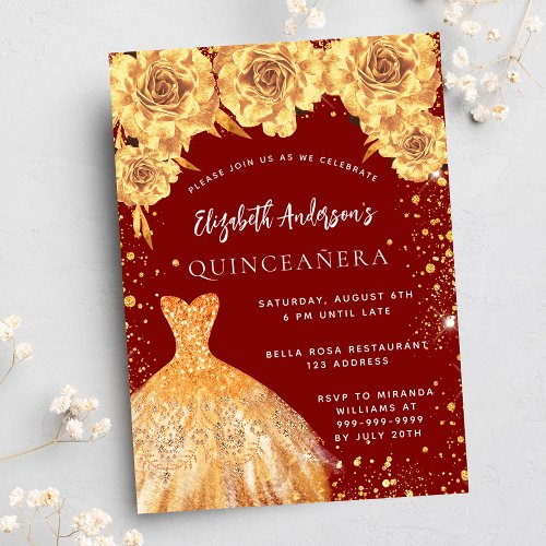 Quinceanera red gold glitter dress roses invitation postcard