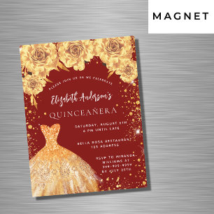 Quinceanera red gold glitter dress roses luxury magnetic invitation