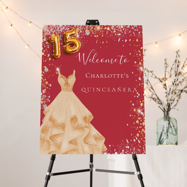 Quinceanera red gold glitter dress welcome foam board (In Situ (Stand))