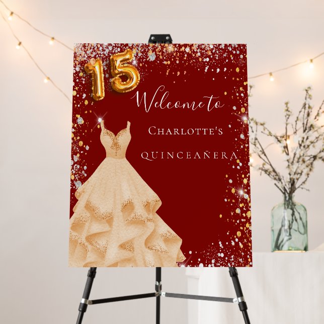 Quinceanera red gold glitter dress welcome  foam board (In Situ (Stand))