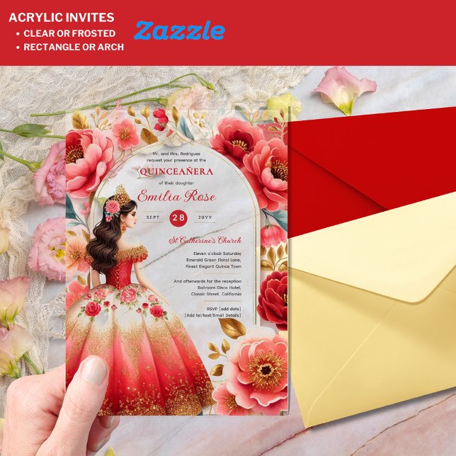 Quinceañera Red Gold Mis Quince Dress Flowers Acrylic Invitations (Creator Uploaded)