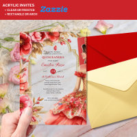 Quinceañera Red Gold Mis Quince Dress Flowers Acrylic Invitations