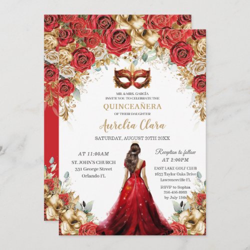 Quinceaera Red Gold Roses Floral Masquerade Ball Invitation