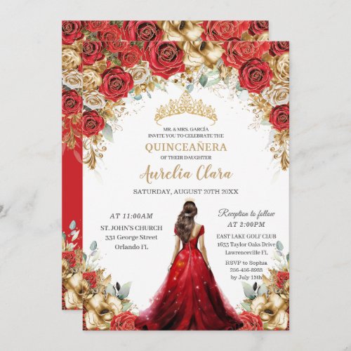 Quinceaera Red Gold Roses Floral Princess Dress Invitation