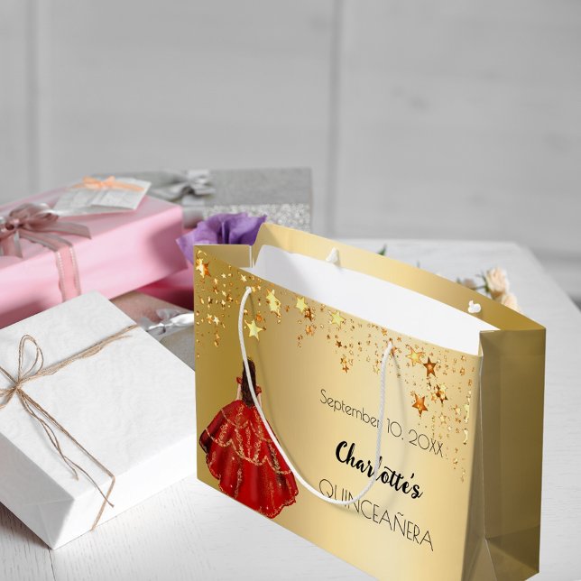 Quinceanera red gold stars dress tiara large gift bag (Creator Uploaded)
